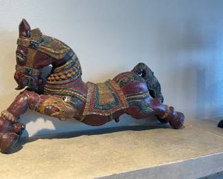 $490 Antique carved wooden horse from India. 23"l X 6"d X 13"h