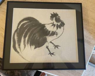 $320 Hand painted rooster on linen by Hiroko Seki. 18"w X 16"h.