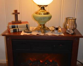 Electric fireplace, vintage gone with the wind lamp, decor