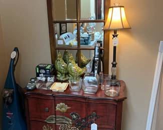 Wooden painted chest, mirror, lamp, Bissell pro heat carpet cleaner