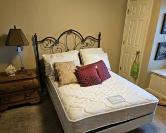 Century bedside table, full size black cast iron headboard, full size mattress/box springs
