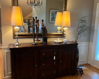 Beveled mirror, lamps, Jazz Musicians, Rustic Pine Sideboard