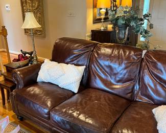 Tommy Bahama brown leather sofa, accessories