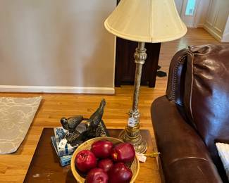 wooden nesting tables, lamp, accessories