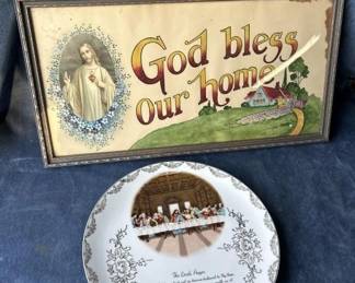 Vintage God Bless Our Home picture and the Lord’s Prayer Plate