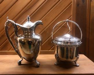Victorian silver plate pitcher; silver plate ice bucket