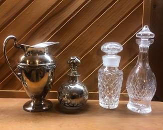 Waterford decater; silver plate pitcher