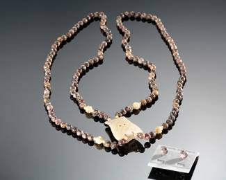 Vintage Japanese Double Strand Jasper Bead Necklace with Ivory Netsuke with Earrings 

