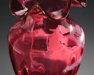Fenton Cranberry Glass Vase Mary Gregory Tea Party Hand Painted  S. Smith Limited Edition Ruffle Rim 
