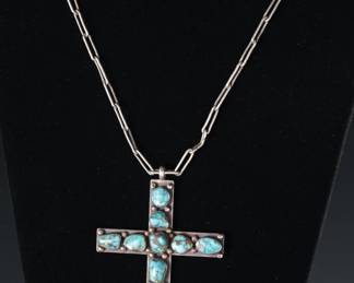 Vintage Navajo Chee Turquoise & Silver Cross Pendant & Necklace 
