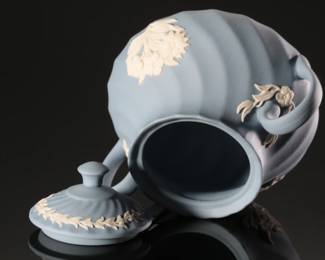 Wedgwood Blue Jasperware Fluted Floral Sugar bowl Lidded
