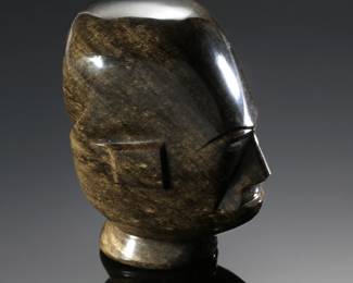 Obsidian Onyx Carved  Head Mayan Aztec Incan Figure 
