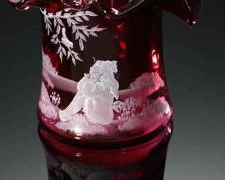 Fenton Cranberry Glass Mary Gregory Hat Basket Bird Watching Signed C. Griffiths Limited Edition  
