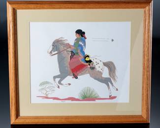 Navajo Harrison Begay Native Girl on Horse Original Silk Screen Painting Art
