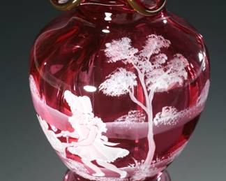 Fenton Cranberry Glass Vase Mary Gregory Girl w/ Teddy J. Powell Limited Edition Ruffle Rim 
