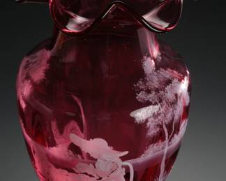 Fenton Cranberry Glass Vase Mary Gregory Tea Party Hand Painted  S. Smith Limited Edition Ruffle Rim 
