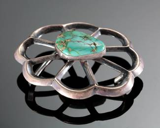 Vintage Navajo Sand Cast Silver & Turquoise Belt Buckle Sunflower/Rosette Concho
