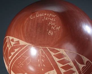 C. Gachupin Jemez Pueblo Etched Pot Native American Pottery 1986
