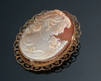 18k Gold Italian Shell Cameo Brooch Pendant Pin
