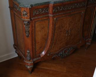 Antique French Marble Top Burl Wood Commode Chest
