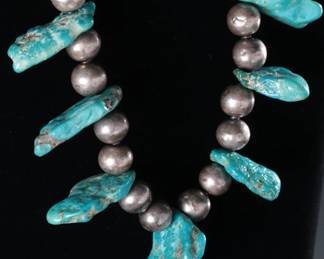 Vintage Navajo Pawn Turquoise and Silver Pearl Necklace and Earrings Native American 
