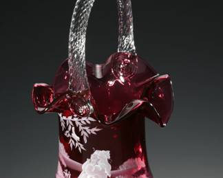 Fenton Cranberry Glass Mary Gregory Hat Basket Bird Watching Signed C. Griffiths Limited Edition  
