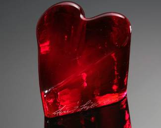 Fire and Light Red Heart Recycled Glass Paperweight Studio Art Glass Signed 
