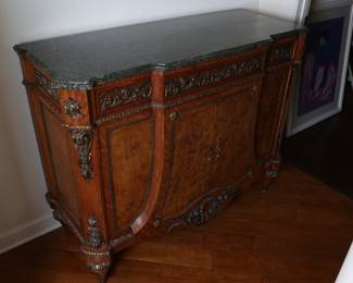 Antique French Marble Top Burl Wood Commode Chest
