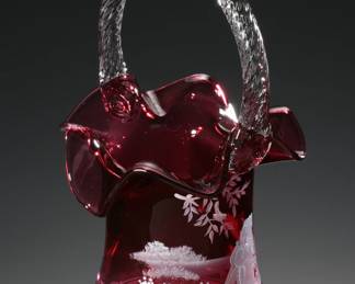 Fenton Cranberry Glass Mary Gregory Hat Basket Bird Watching Signed C. Griffiths Limited Edition  
