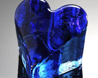 Fire and Light Blue Heart Recycled Glass Paperweight Studio Art Glass Signed 
