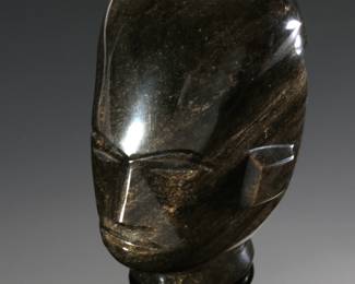 Obsidian Onyx Carved  Head Mayan Aztec Incan Figure 
