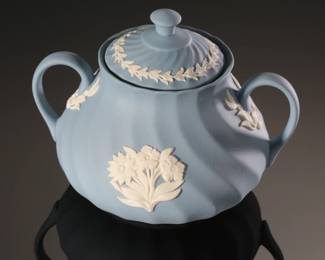 Wedgwood Blue Jasperware Fluted Floral Sugar bowl Lidded
