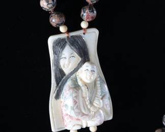 Vintage Japanese Double Strand Jasper Bead Necklace with Ivory Netsuke with Earrings 
