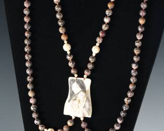 Vintage Japanese Double Strand Jasper Bead Necklace with Ivory Netsuke with Earrings 
