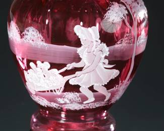Fenton Cranberry Glass Vase Mary Gregory Girl w/ Teddy J. Powell Limited Edition Ruffle Rim 
