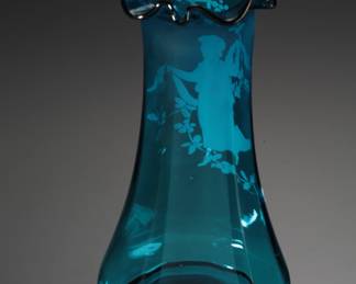 Antique Victorian Blue Mary Gregory Glass Bud Vase Hand Painted 
