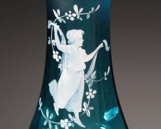 Antique Victorian Blue Mary Gregory Glass Bud Vase Hand Painted 

