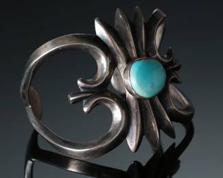 Vintage Navajo Sand Cast Silver & Turquoise Cuff Bracelet 
