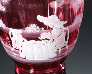 Fenton Cranberry Glass Vase Mary Gregory Tea Party Hand Painted  S. Smith Limited Edition Ruffle Rim 
