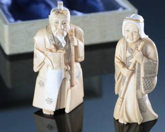 Antique Japanese Takasago Figures Kita Shoji KK Elephant Tusk Ivory
