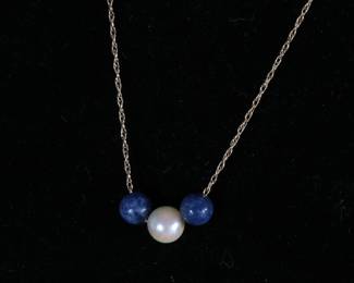 14k Gold Triple Bead Necklace 18in Lapis/Pearl
