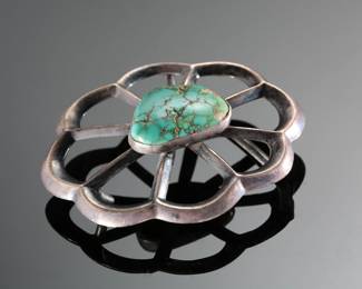 Vintage Navajo Sand Cast Silver & Turquoise Belt Buckle Sunflower/Rosette Concho
