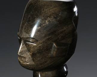 Obsidian Onyx Carved  Head Mayan Aztec Incan Figure 
