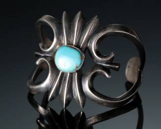 Vintage Navajo Sand Cast Silver & Turquoise Cuff Bracelet 
