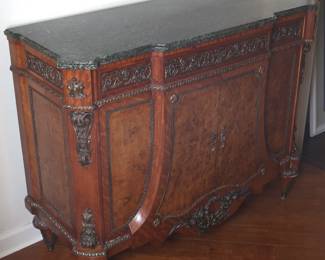 Antique French Marble Top Burl Wood Commode Chest
