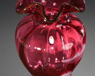 Fenton Cranberry Glass Vase Mary Gregory Girl w/ Teddy J. Powell Limited Edition Ruffle Rim 
