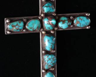 Vintage Navajo Chee Turquoise & Silver Cross Pendant & Necklace 
