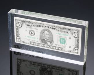 1981 A five Dollar Bill&nbsp;Ernst & Whinney Acrylic Encased 
