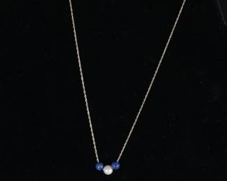 14k Gold Triple Bead Necklace 18in Lapis/Pearl
