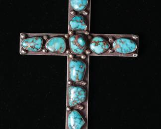 Vintage Navajo Chee Turquoise & Silver Cross Pendant & Necklace 
